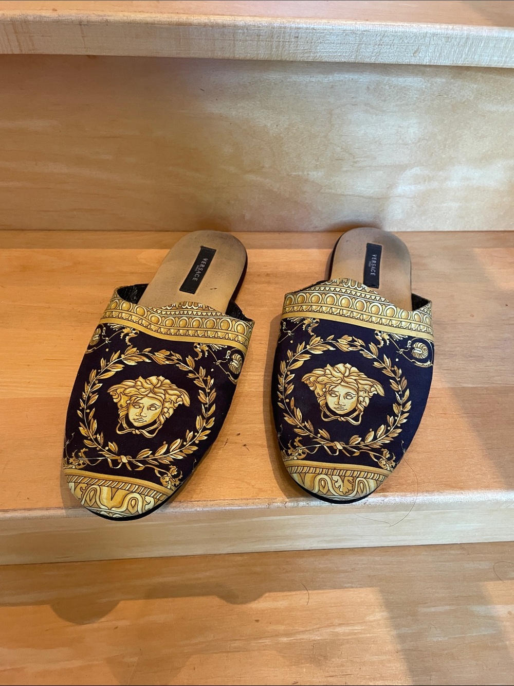 Versace Black and Gold Medusa Slip-On Mules